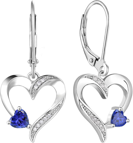 Heart Earrings Sterling Silver Heart Dangle Drop Earrings Sapphire/Emerald/Amethyst/Aquamarine Leverback Jewelry for Women