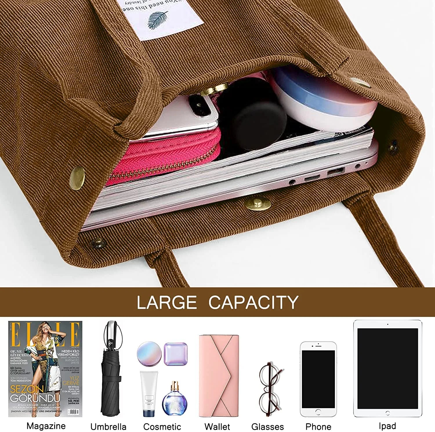 Corduroy Tote Bag Large for Women Girl Lady Canvas Shoulder Cord Purse and Handbags with Inner Pocket